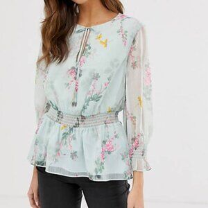 Ted Baker London Klara Sorbet Floral Ruffle Peplum Blouse - Size 3 (US 8)